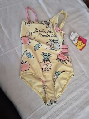 Pokemon Pikachu Yellow Fruit-Print Girls' One-Piece Swimsuit with Pink Straps